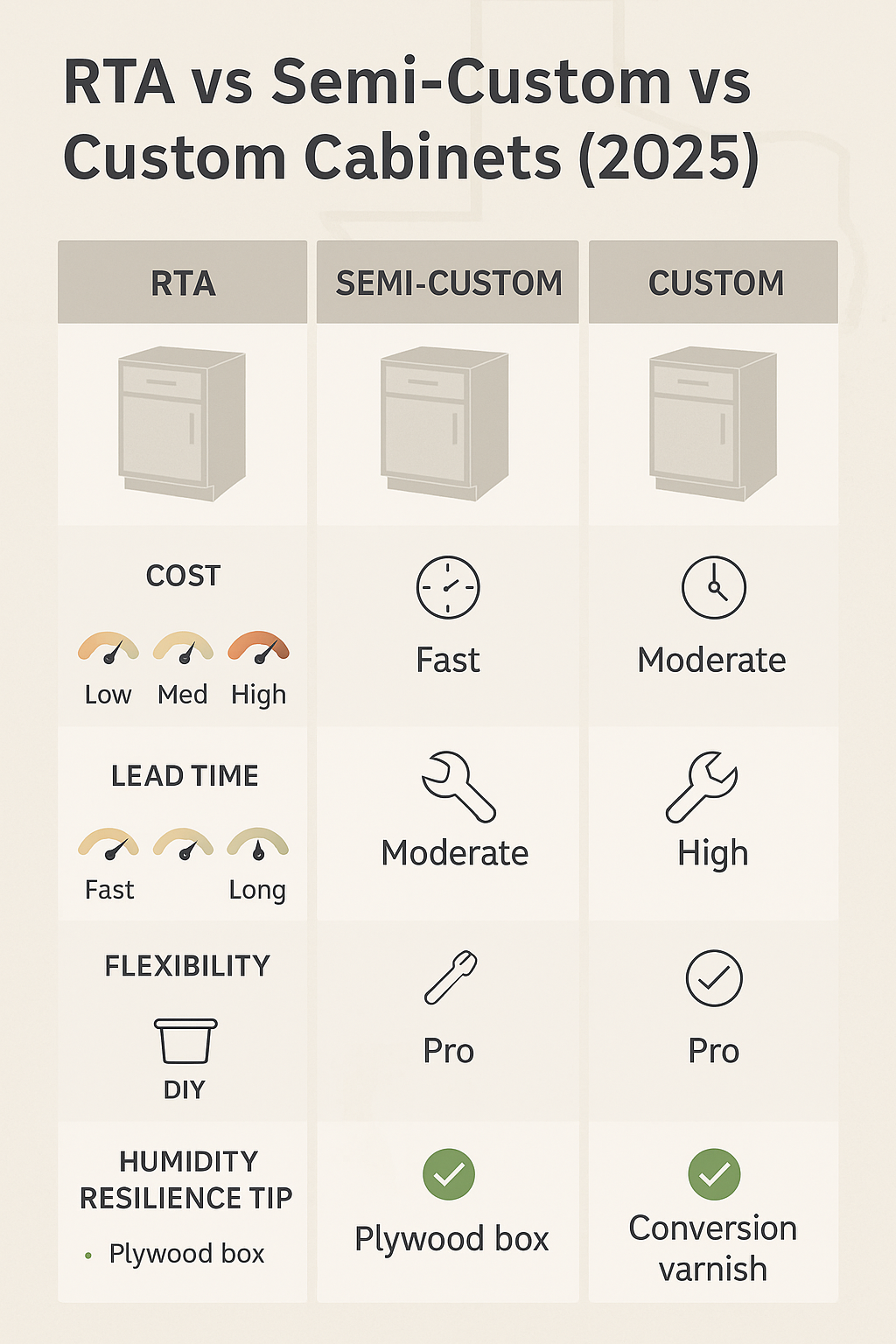 RTA vs. Semi-Custom vs. Custom Cabinets in 2025 — Cost, Lead Times & Best Fit for Texas Homes