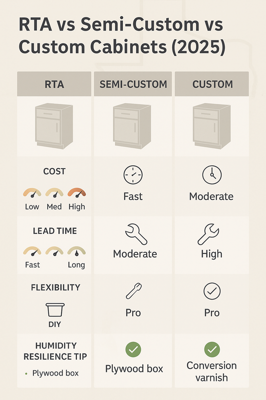 RTA vs. Semi-Custom vs. Custom Cabinets in 2025 — Cost, Lead Times & Best Fit for Texas Homes